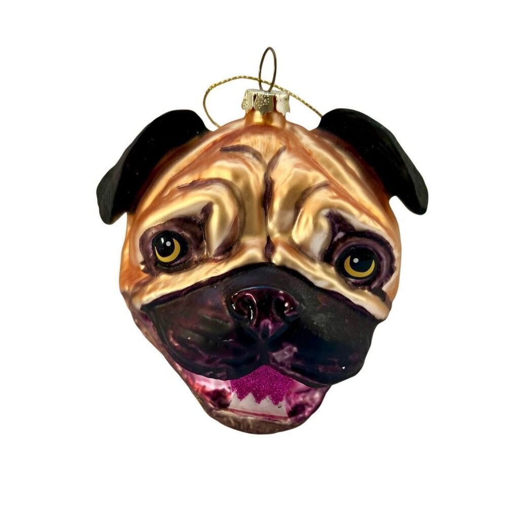 Pug Head Dog Ornament - Christmas Holiday Art Hand-Blown Glass-Robert Stanley